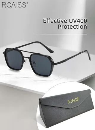 Men's Square Polarized Sunglasses, UV400 Protection Sun Glasses with Metal Frame, Fashion Anti-Glare Sun Shades for Men Driving, Fishing, Traveling, Black, 56mm 