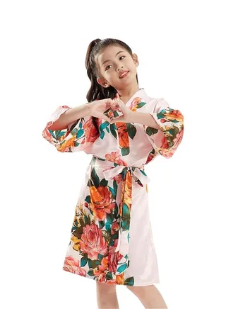 Floral Silk Kimono Robe Wedding Bridesmaid Robes Dressing Gown Nightgown for Girls 