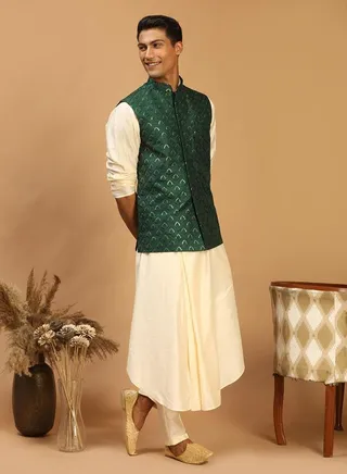 Men's Cream And Green Cotton Blend Jacket, Kurta & Pyjama 