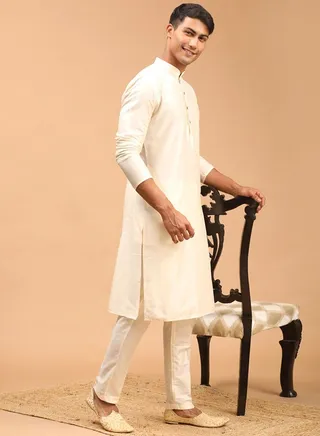 Men's Cream Viscose Kurta Pyjama Set 