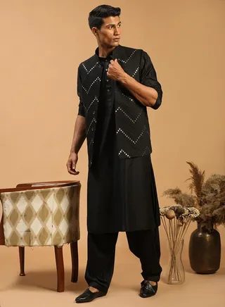 Men's Black Viscose Jacket, Kurta and Pyjama Set 
