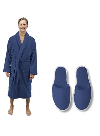 Soft cotton bathrobe with pocket waist belt and slipper, elegant design dark blue color multi-size 