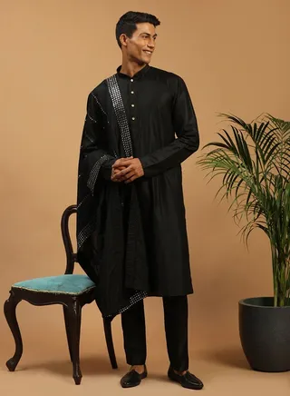 Men's Black Viscose Kurta, Pyjama & Dupatta Set 