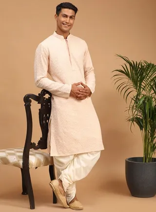Men's Pink And Cream Georgette Kurta Dhoti Set 
