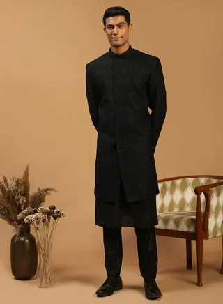 Men's Black Viscose Sherwani Set 
