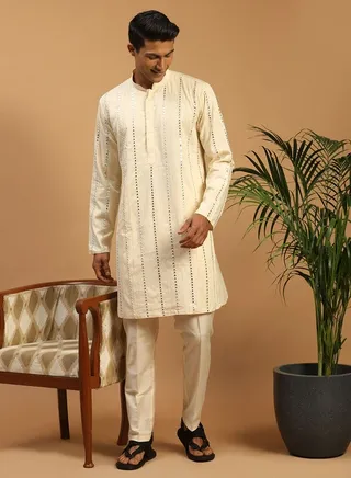 Men's Cream Viscose Kurta Pyjama Set 