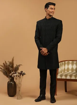 Men's Black Silk Blend Sherwani Set 