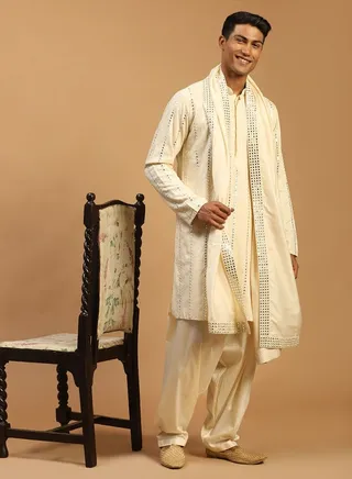 Men's Cream Viscose Kurta and Patiala Set 