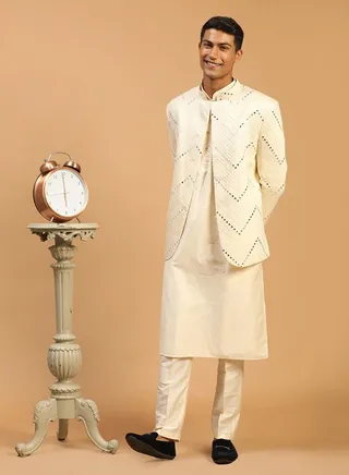 Men's Cream Viscose Ethnic Combo Set 