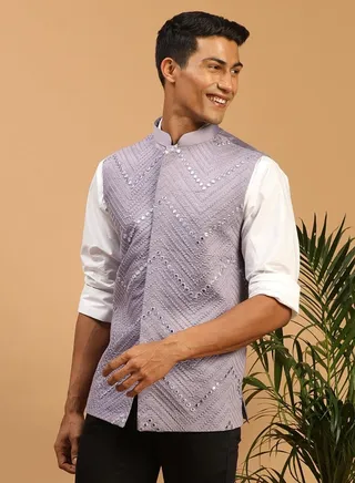 Men's Purple Mirror Work Nehru Jacket 