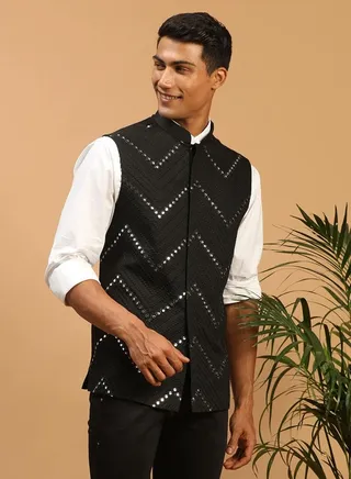 Men's Black Mirror Work Nehru Jacket 
