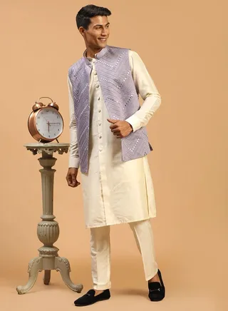 Men's Purple And Cream Viscose Jacket, Kurta and Pyjama Set 