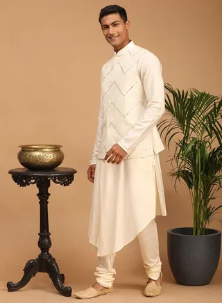Men's Cream Viscose Jacket, Kurta and Pyjama Set 