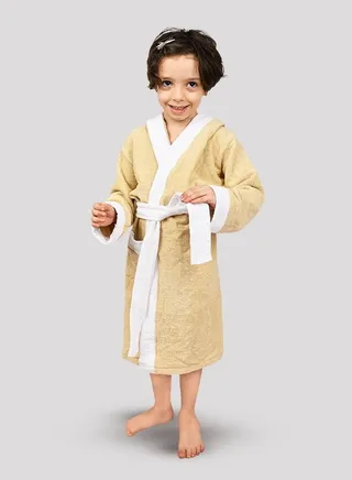 Children's Bathrobe 100% Cotton Beige Color Baby Hooded Comfortable Bathrobe for Girls and Boys One Piece 
