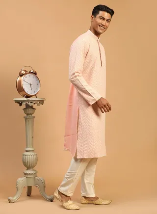 Men's Pink And Cream Georgette Kurta Pyjama Set 