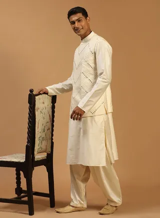 Men's Cream Viscose Jacket, Kurta and Pyjama Set 