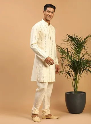 Men's Cream Viscose Kurta Pyjama Set 