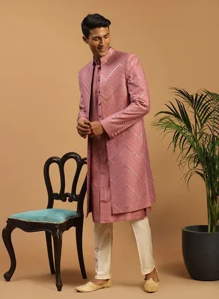 Men's Onion Pink And Cream Viscose Sherwani Set 