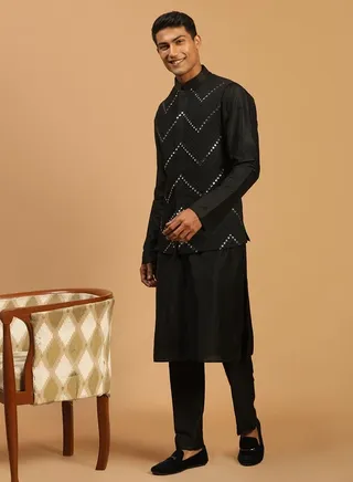 Men's Black Viscose Jacket, Kurta and Pyjama Set 