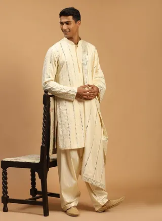 Men's Cream Viscose Kurta and Patiala Set 