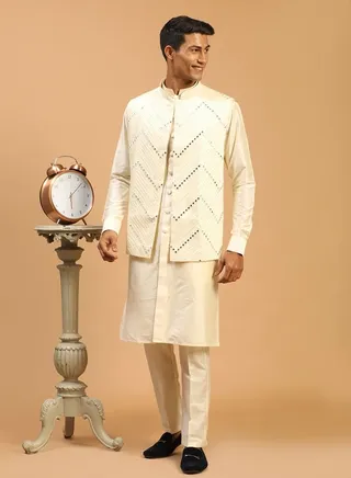 Men's Cream Viscose Jacket, Kurta and Pyjama Set 
