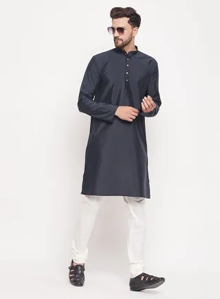 Men's Navy Blue And Cream Silk Blend Kurta Pyjama Set 