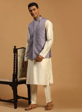 Men's Purple And Cream Viscose Jacket, Kurta and Pyjama Set 