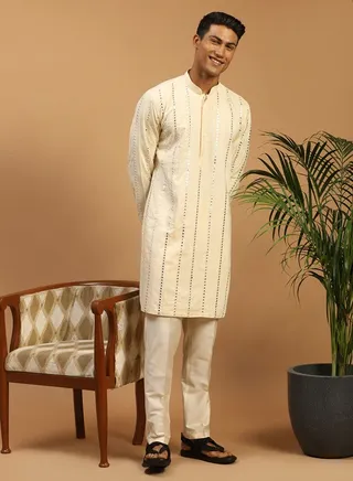 Men's Cream Viscose Kurta, Pyjama & Dupatta Set 