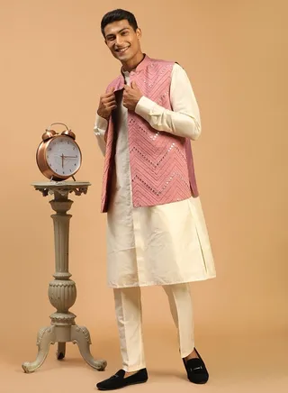 Men's Onion And Cream Viscose Jacket, Kurta and Pyjama Set 