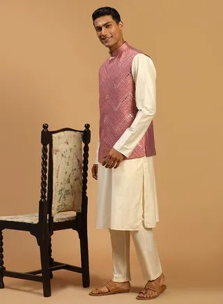 Men's Onion And Cream Viscose Jacket, Kurta and Pyjama Set 