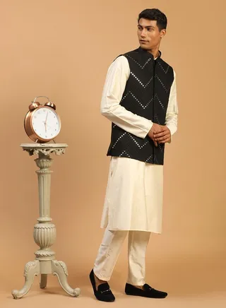 Men's Black And Cream Viscose Jacket, Kurta and Pyjama Set 