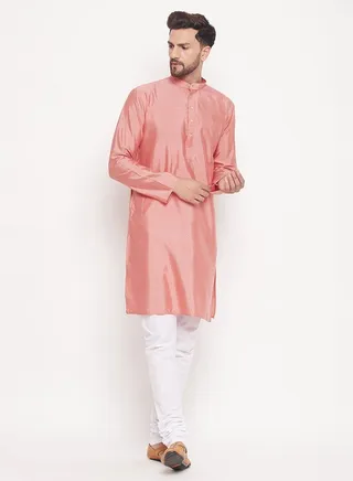 Men's Pink And White Silk Blend Kurta Pyjama Set 