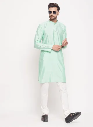 Men's Aqua And Cream Silk Blend Kurta Pyjama Set 