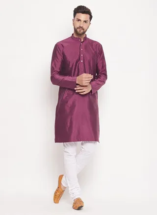 Men's Purple And White Silk Blend Kurta Pyjama Set 
