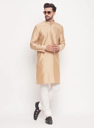 Men's Beige And Cream Silk Blend Kurta Pyjama Set 