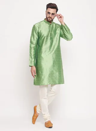 Men's Mint Green And Cream Silk Blend Kurta Pyjama Set 