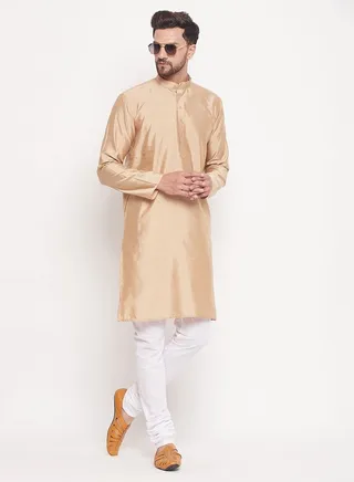 Men's Beige And White Silk Blend Kurta Pyjama Set 