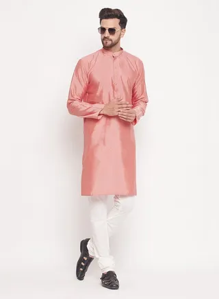 Men's Pink And Cream Silk Blend Kurta Pyjama Set 