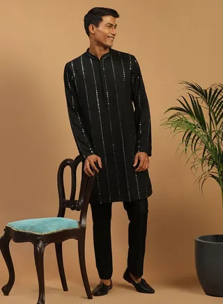 Men's Black Viscose Kurta, Pyjama & Dupatta Set 