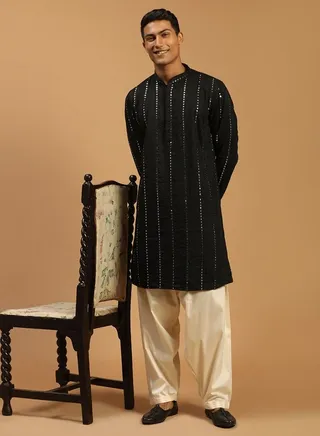 Men's Black And Cream Viscose Kurta and Patiala Set 