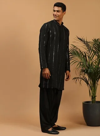Men's Black Viscose Kurta and Patiala Set 