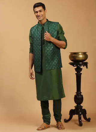 Men's Green Silk Blend Jacket, Kurta & Pyjama 