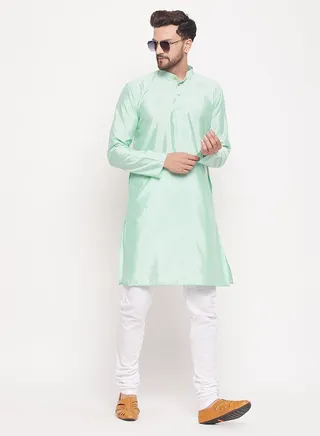 Men's Aqua And White Silk Blend Kurta Pyjama Set 