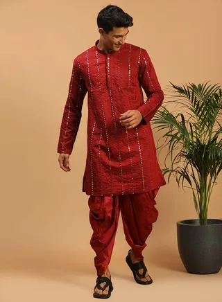 Men's Maroon Viscose Kurta and Dhoti Set 