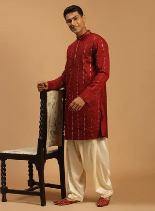 Men's Maroon And Cream Viscose Kurta and Patiala Set 