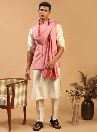 Men's Cream and Pink Viscose Jacket, Kurta, Pyjama and Dupatta Set 