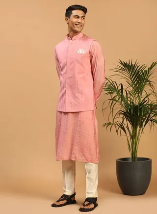 Men's Pink And Cream Cotton Blend Jacket, Kurta and Pyjama Set 