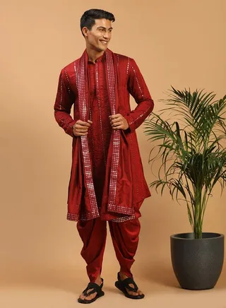 Men's Maroon Viscose Kurta and Dhoti Set 
