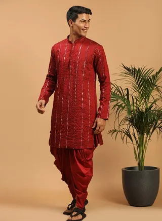 Men's Maroon Viscose Kurta and Dhoti Set 
