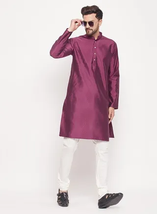 Men's Purple And Cream Silk Blend Kurta Pyjama Set 